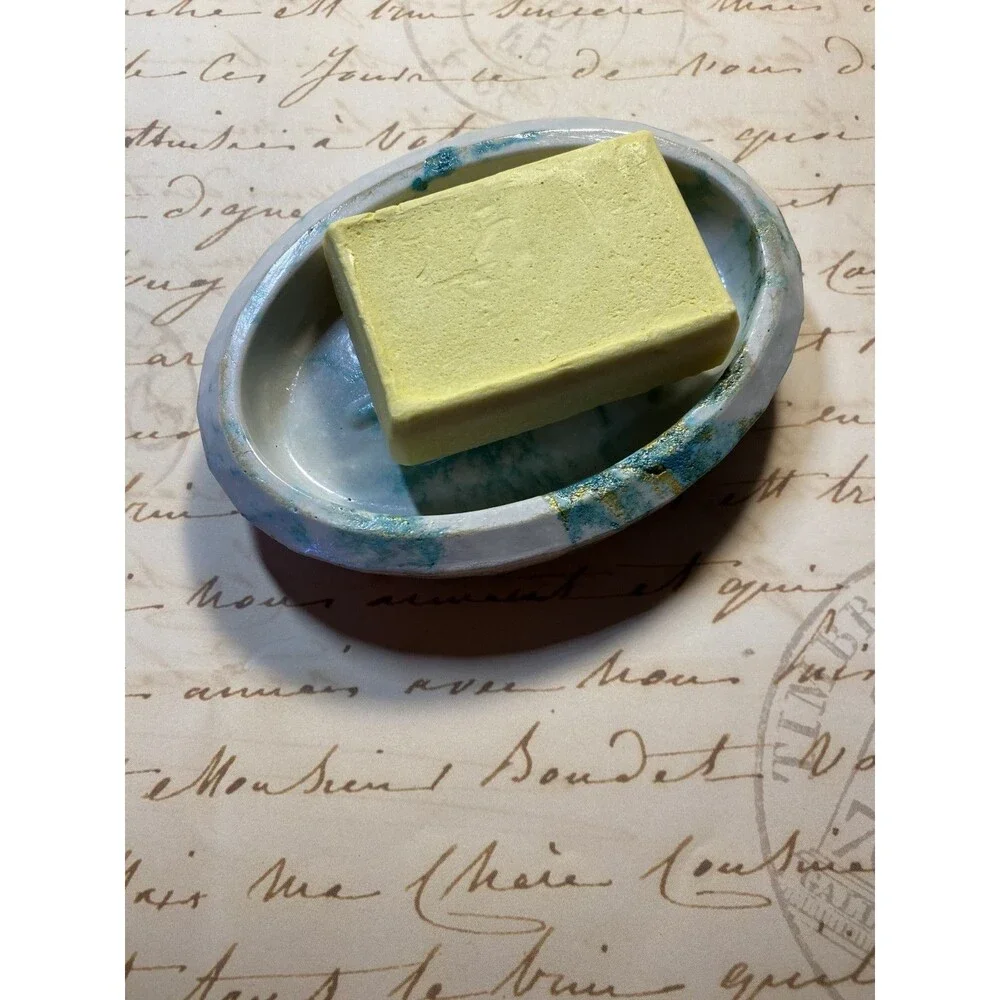 Handmade Soap Dish Cement Soap Holder Oval Bathroom Kitchen Marbled Teal